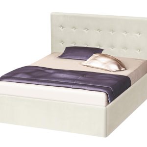 Κρεβάτι διπλό ξύλινο επενδυμένο με ύφασμα και κουμπιά, Aria Botton, Ivory, 140/200, 208/100/146 εκ., Genomax